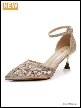 Shining Ankle Strap Kitten Heel Pumps Pointed Toe D'Orsay